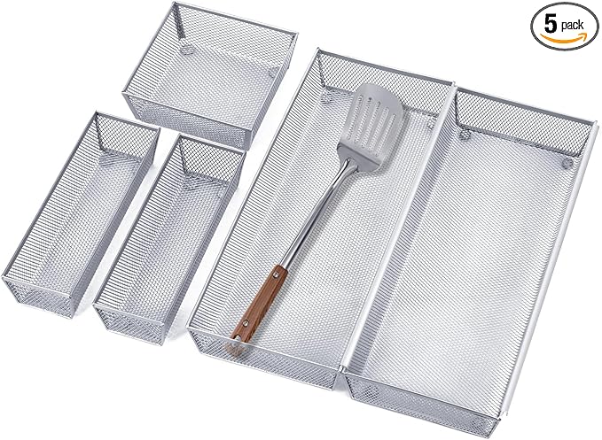 Neudeco Silverware Drawer Organizer, Pack 5, Silver | Utensil Organizer, For Large Utensils, Interlocking Arm, Cutlery Tray for Knives Fork Spoon