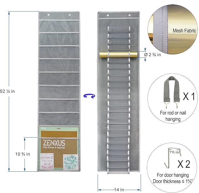 Hanging Vinyl Organizer, Double-Sided, ZENXUS 25 Compartments Roll Storage, Backside 10 Pockets for 12x12 Vinyl Sheet, Cardstock, Scrapbook Paper, Door Hooks Included