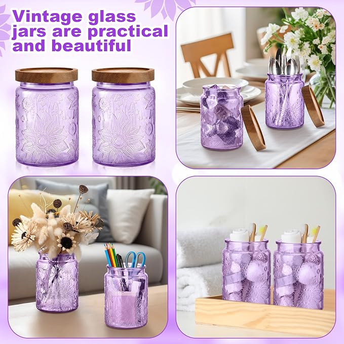 LemonRoad 2 Pcs Vintage Purple Glass Storage Jars 23.7 oz Mason Jar Canister with Wood Lids Food Storage Container for Cookie, Pantry, Candy Kitchen, Coffee, Tea, Flour, Sugar, Decorative Home Decor