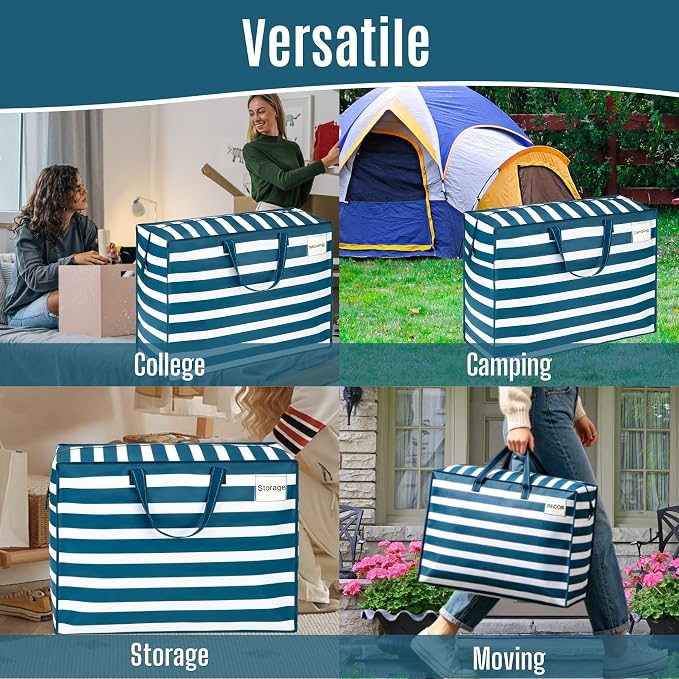 VENO 4 Pack Heavy Duty Moving Bags, Storage Bags, Packing Supplies, Top Zipper, Storage Totes for Camping, Clothes, Bedding, Comforters, Pillows (27 Gallon, Classic Navy Stripe, 4 Pack)