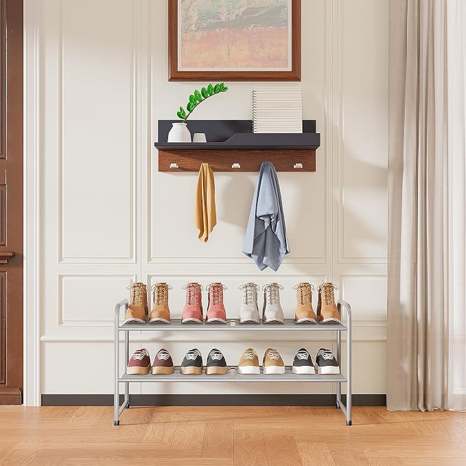 2 Pack Shoe Rack, 2-Tier Metal Stackable Shoe Shelf Storage Organizer, Heavy Duty Wire Shoe Stand for Entryway, Closet, Hallway, Holds 50 LBS, Gray