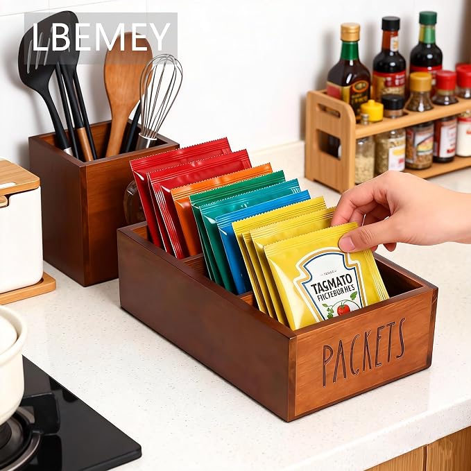 LBEMEY Packet Organizer, Acacia Wood Packet Storage Organizer with 3 Compartments,Farmhouse Kitchen Organization for Spice, Gravy, Taco, and Dressings Packets for Kitchen (Brown Label PACKETS)