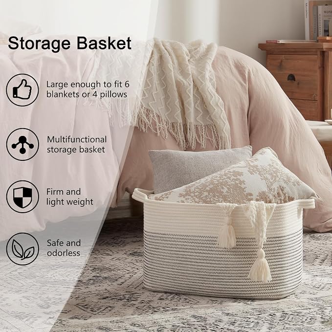 OIAHOMY Large Blanket Basket, 65L Cotton Rope Woven Laundry Basket, Toy Bin for Baby Room, Container for Blanket Storage in Living Room, 20''×16''×12'', Black & White