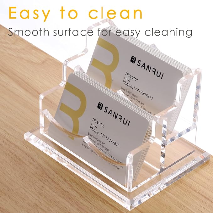 SANRUI Clear Horizontal Business Card Holder Stand for Desk, Acrylic Desktop Display Name Cards Holders Organizer Storage Rack,for Exhibition, Home, Office,2 Tier 2 Pocket, 120 Card Capacity