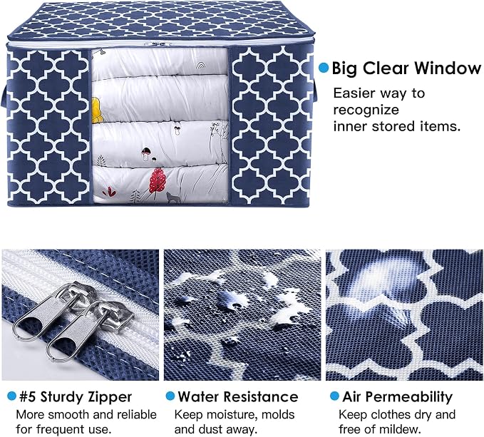 WISELIFE Storage Bags, Large Blanket Clothes Organization and Storage Containers for Bedding, Comforters, Foldable Organizer with Reinforced Handle, Clear Window,Sturdy Zippers,(Blue, 2 x 100L)