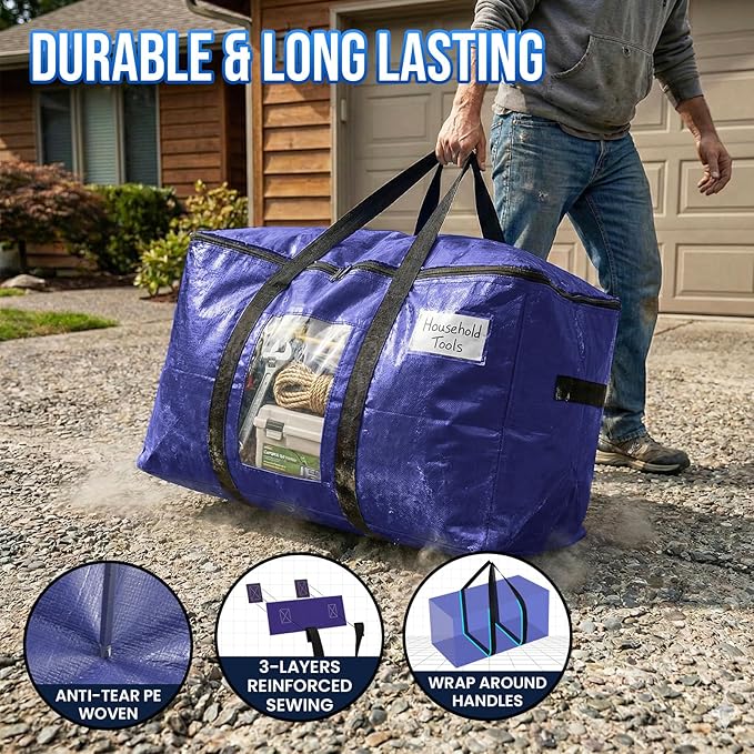 TAILI 2 Pack Dark Blue Extra Large Moving Bags, Heavy Duty Totes with Visible Window, Wrap Around Handles, Great for Storage