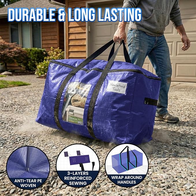 TAILI 6 Pack Dark Blue Extra Large Storage Bags, Heavy Duty Totes with Visible Window, Wrap Around Handles, Perfect for Moving