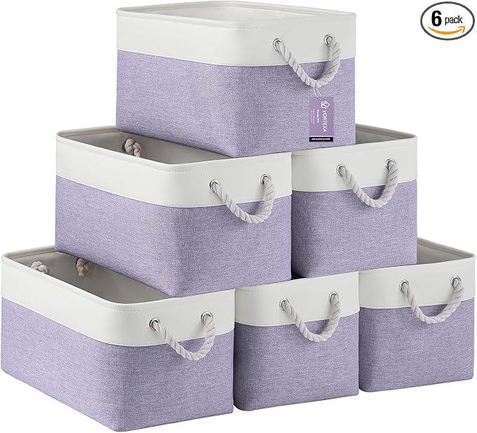 15x11x10 In Foldable Fabric Large Storage Bins with Handle 6 Pack | Organizer Baskets, Sturdy Metal Strand, Cardboard Support Molding, Storage Baskets for Shelves, Closet, Bedroom, White/Purple