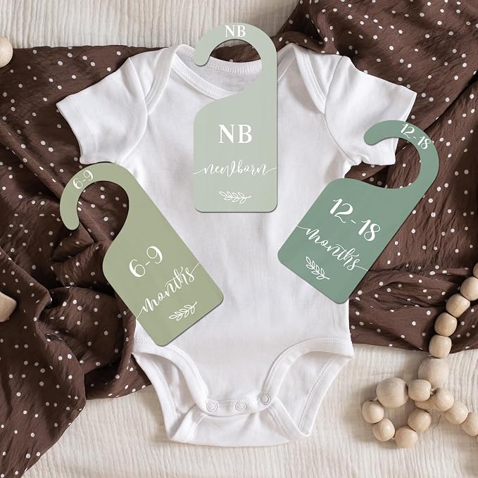 Whaline 7Pcs Green Wooden Baby Closet Size Dividers with Green Velvet Bag Newborn to 24 Month Thicken Infant Wardrobe Hanger Organizers for Home Nursery Supplies