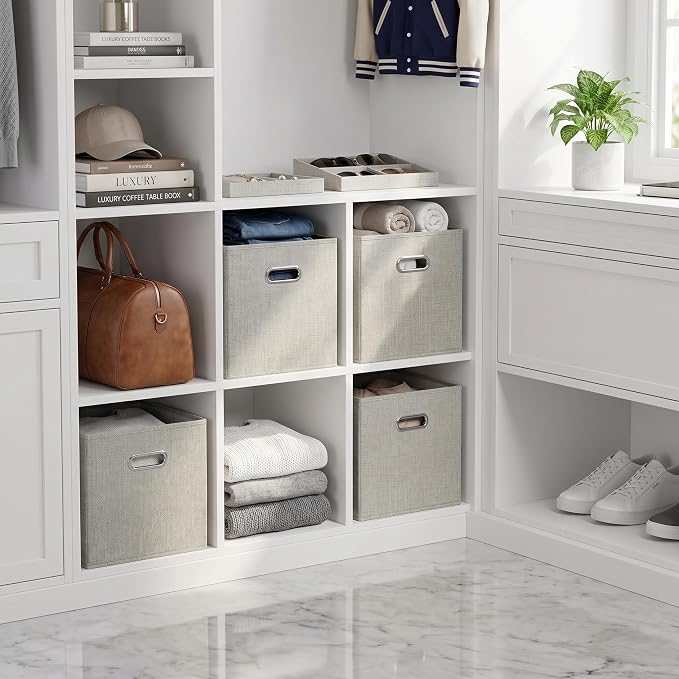 12x12 White Sand Fabric Storage Cubes, 4 Pack – Foldable Linen-Look Cube Organizer Bins with Handles, Collapsible Cubby Baskets for Closet, Shelves, Nursery, Dorm Room & Cube Storage