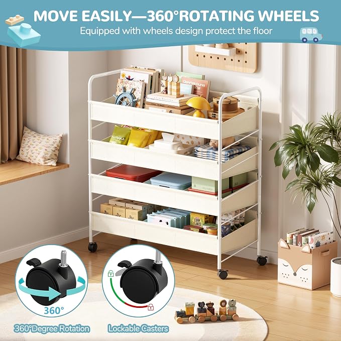 Kids Toy Storage Organizer with 4 Shelves and Wheels,White-Supersized Toy Storage Shelf for Toddlers Ideal for Kids' Rooms,and Nurseries,Toddler Furniture for Boys and Girls Ages