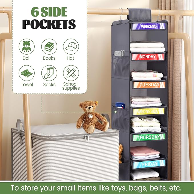 2 Pack 6-Shelf Weekly Clothes Organizer for Kids, Hanging Daily Closet Organization with 6 Side Pockets, Days of The Week Clothing Divider Storage for Boys and Girls (Grey)