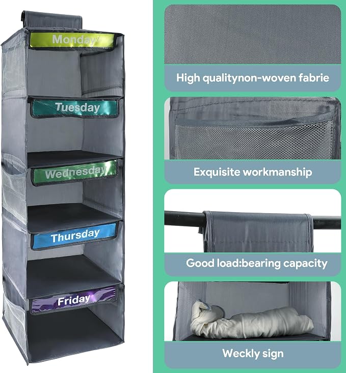 5 Shelf Weekly Clothes Organizer for Kids Daily (Grey) | Days of The Week Clothes Organizer Kid Outfit, Weekday Hanging Closet Shelves with 6 Side Pockets Monday Through Friday