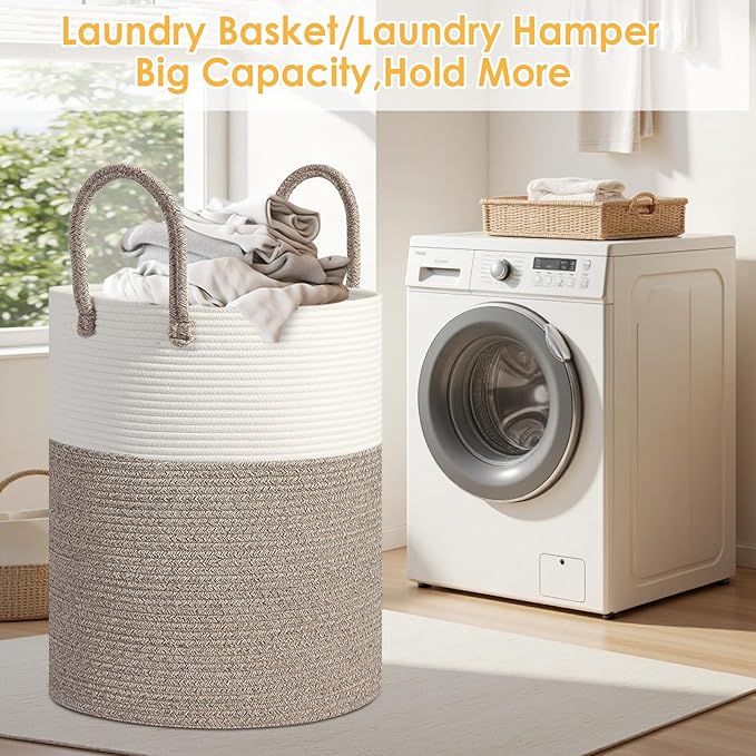 Large Woven Laundry Basket Hamper,100L Cotton Rope Storage Bin for Blankets,Toys and Clothes，Decorative Tall Blanket Basket for Living Room,Baby Nursery Hamper,Baby Storage Basket,Brown/White