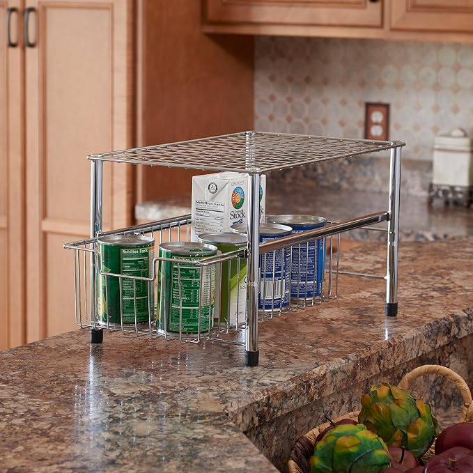 Household Essentials Free Standing Single Basket Sliding Cabinet Organizer with Metal Frame, Silver Finish