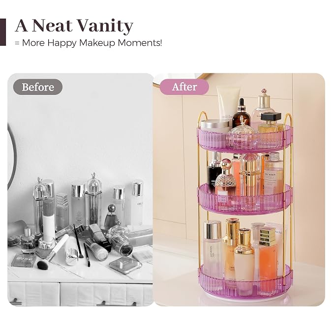 Aveniee Rotating Makeup Organizer for Vanity, Perfume Skincare Organizerss Large, Spinning Bathroom Counter Shelf Holder for Cosmetics, Skin Care, Lipsticks,3 Tiers, Purple