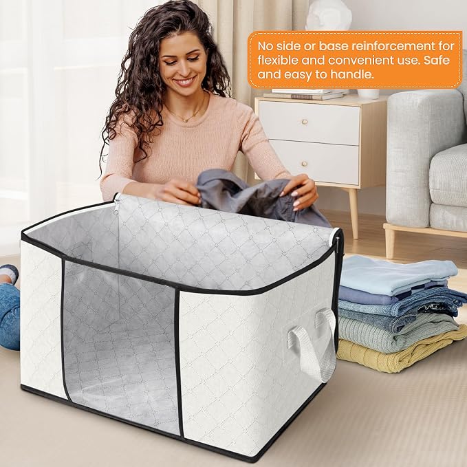 Fab totes 24 Gallons Clothes Storage, Foldable Thick Fabric Blanket Storage Bags, Containers for Organizing Bedroom, Closet, Clothing, Comforter, Organization with Handle (6 Pack,Ivory)
