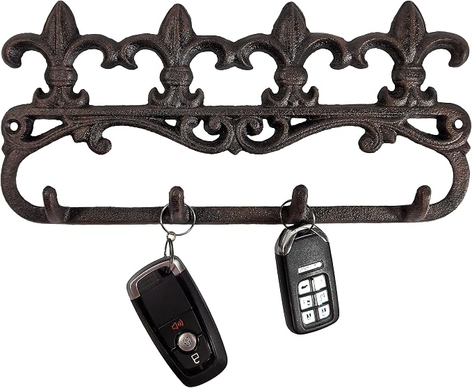 Lulu Decor, Cast Iron Fleur De Lis Key Hook Wall Mount Decorative Hanger Unique, Rustic and Strong (4 Hooks)