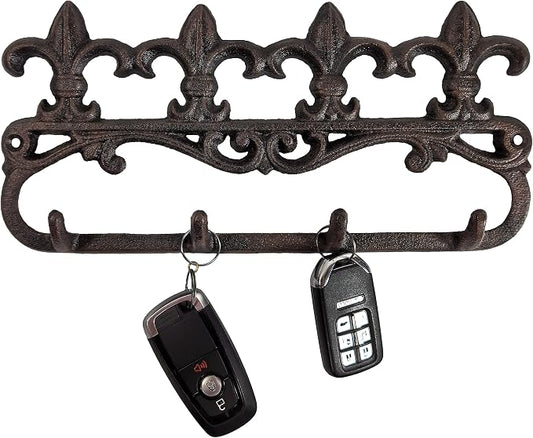 Lulu Decor, Cast Iron Fleur De Lis Key Hook Wall Mount Decorative Hanger Unique, Rustic and Strong (4 Hooks)