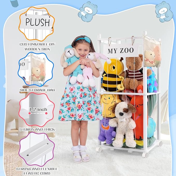 GLDZI Stuffed Animal Storage Zoo with Wheels, Wooden Stuffed Animal Organizer with Elastic Cords, Space Saving Toy Plushies Storage Holder for Playroom, Bedroom, Living Room(White, Small)