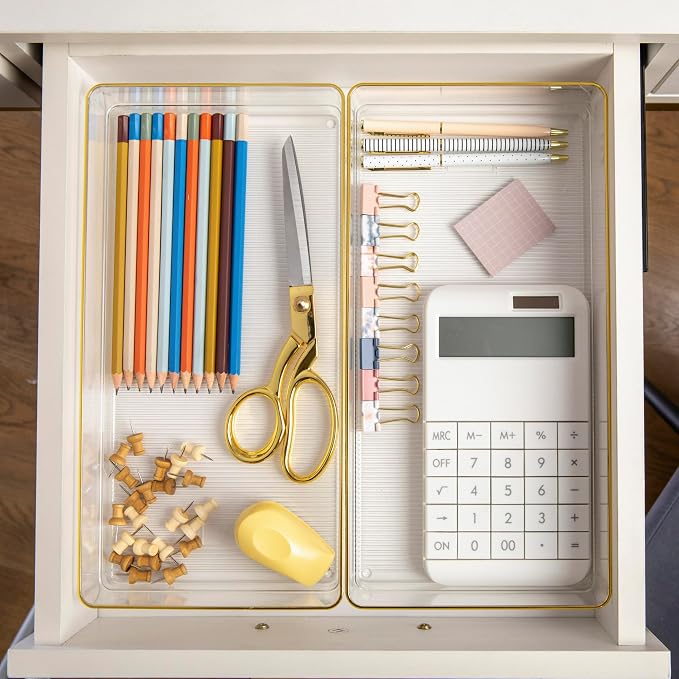 Martha Stewart Kerry Plastic Stackable Office Desk Drawer Organizers, 12" x 6", 3 Pack, with Gold Trim