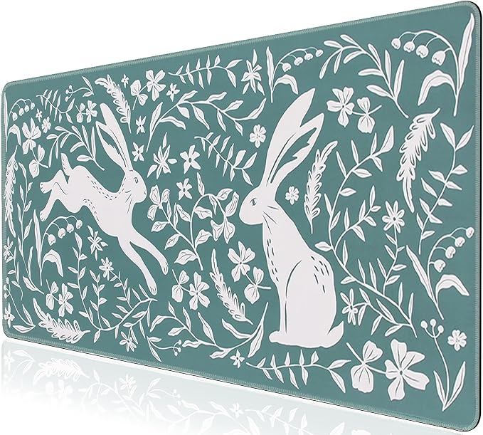 L-SPOUTTO Blue Desk Mat for Keyboard and Mouse,XXL Boho Gaming Mouse Pad | Cute Rabbit Large 35.4x15.7in Non-Slip Rubber Base Keyboard Pad Waterproof Desktop Mat for Laptop Computer Work Home Office