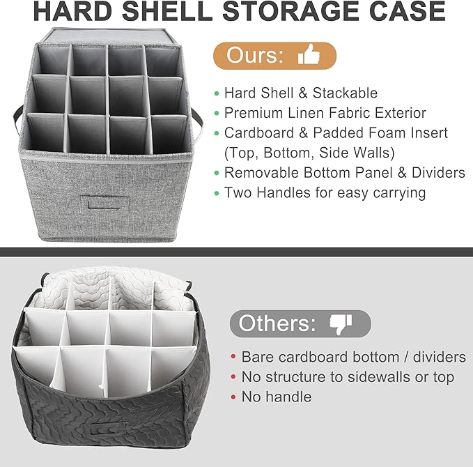 LotFancy Champagne Flute Storage Container for Moving, Hard Shell, 2 Pack Stackable 12" Tall Stemware Storage Box with Dividers & Handles, Wine Glass, Crystal Glassware, Drinkware Case, Gray