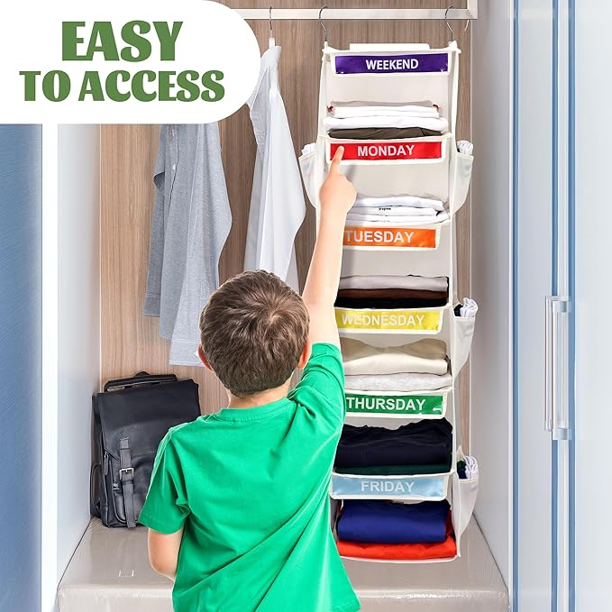 6-Shelf Weekly Clothes Organizer for Kids, Hanging Daily Closet Organization with 6 Side Pockets, Days of The Week Clothing Divider Storage for Boys and Girls (White)