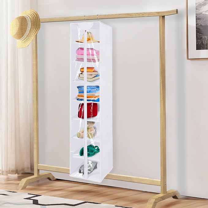 8 Tier Clear PVC Closet Hanging Organizer with Zipper, Foldable Hanging Closet Organizers and Storage, Hanging Clothes Storage Organizer, hanging shoe organizer, White Closet Shelves