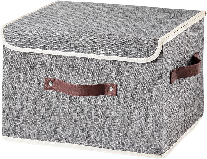Collapsible Storage Boxes Baskets with Lid Cotton Linen Fabric Storage Bins with Faux Leather Handles Decorative Washable Cube Organizer Container for Home Closet Bedroom (Gray, Large Size)