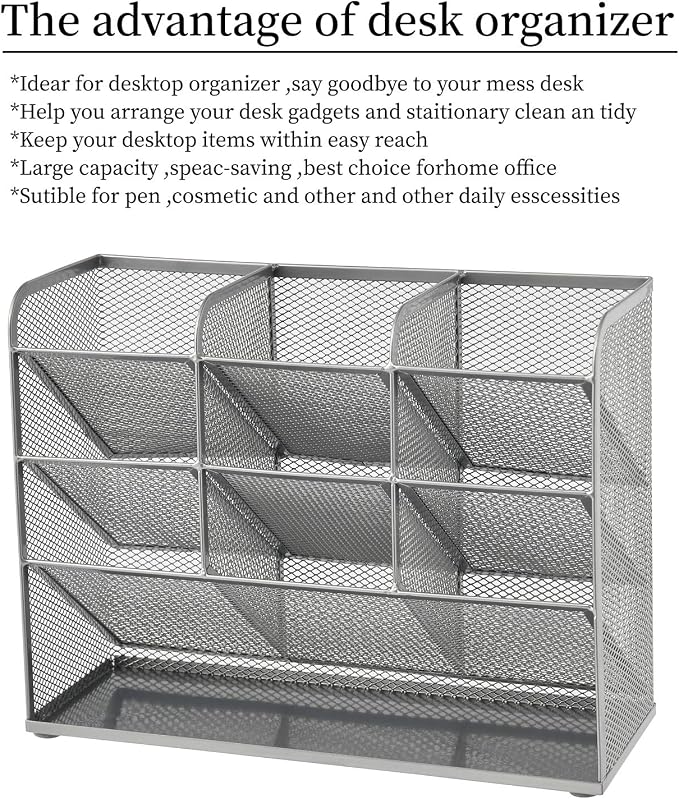 Marbrasse Mesh Desk Organizer, Multi-Functional Pen Holder, Desktop Stationary Organizer, Storage Rack for School, Home, Office, Art Supplies (Mesh Pen Holder-Silver)