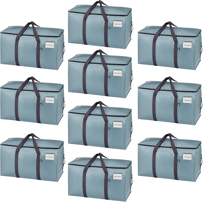 VENO 10 Pack Heavy Duty Moving Bags, 90L Extra Large Moving Boxes Alternative, 50lbs Load,Wraparound Handles,Zippers & Tag,Packing Supplies for College Dorm Essentials, Clothes Storage(Light Blue)