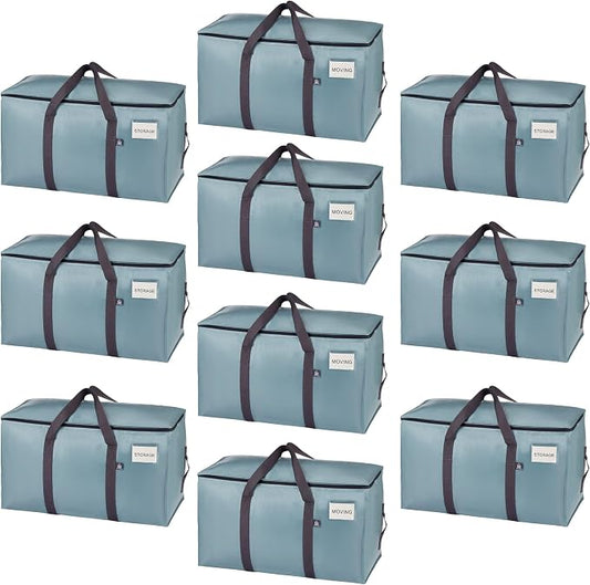 VENO 10 Pack Heavy Duty Moving Bags, 90L Extra Large Moving Boxes Alternative, 50lbs Load,Wraparound Handles,Zippers & Tag,Packing Supplies for College Dorm Essentials, Clothes Storage(Light Blue)