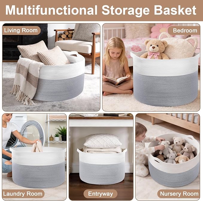 XXXL Large Laundry Basket, 105L Soft Cotton Rope Basket, Blanket Storage and Organizers, Baby Nursery Laundry Hamper, Extra Large Toys Storage Bins for Kids 23.6'' x 14.6'', White & Gray