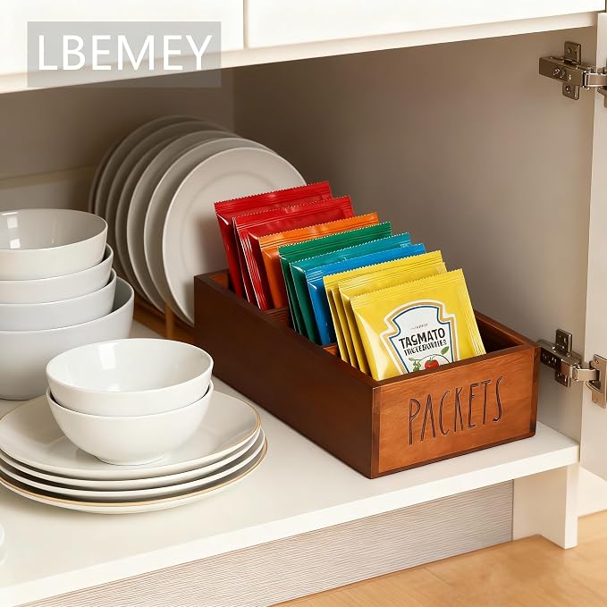 LBEMEY Packet Organizer, Acacia Wood Packet Storage Organizer with 3 Compartments,Farmhouse Kitchen Organization for Spice, Gravy, Taco, and Dressings Packets for Kitchen (Brown Label PACKETS)