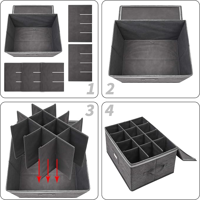 popoly Stemware Storage Containers (2 pack), Wine Glass Storage Box with Dividers for Glassware or Crystal, Holds 12 Red or White Wine Glasses, Hard Top and Stackable (Grey)