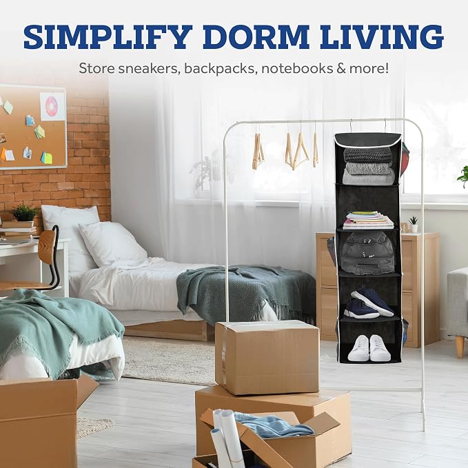 ZOBER Hanging Closet Organizer, 5-Shelf - Hanging Storage Organizer Shelves for Clothes, Towels, Toys - College Dorm Room, Nursery, & Home Closet