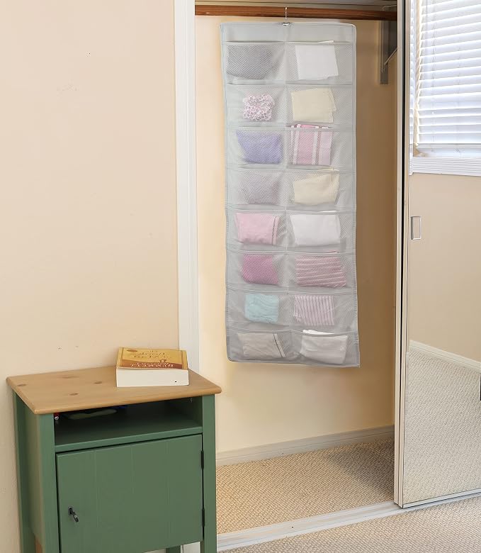 Simple Houseware 24-Pocket Double-Sided Hanging Closet Organizer | 1 Pack, for Bra & Underwear Storage with Rotating Hanger, Mesh Fabric, Gray