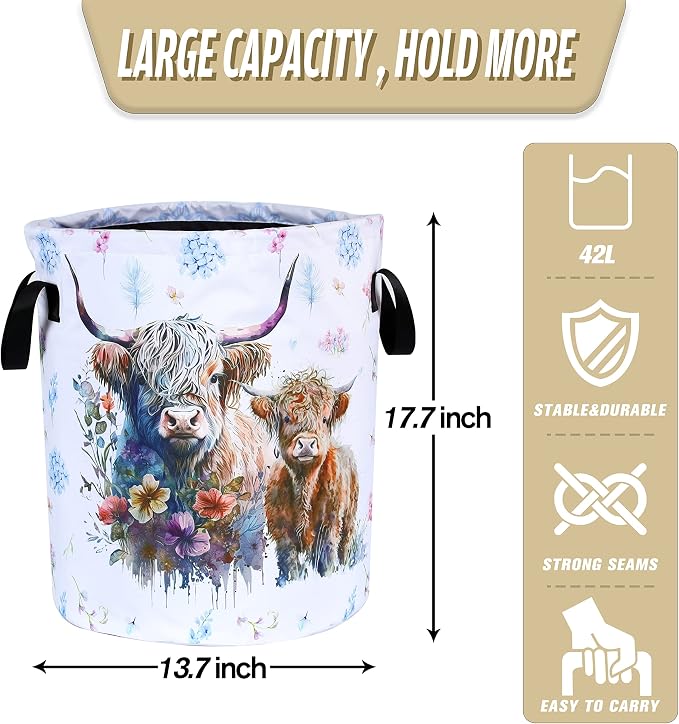 Highland Cow Laundry Basket Cattle Animal Foldable Oxford Cloth Funny Tote Bag Laundry Hamper Clothes Storage Bucket Organizer For Bathroom/Laundry Storage/Bedroom 18.9x16.5 Inch