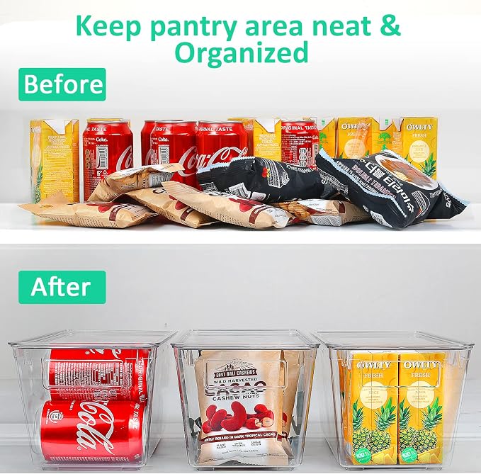 KAMOTA Plastic Storage Organizer Basket Bin with Handles and Lids for Bathroom, Pantry, Kitchen Cabinet, Fridge, Closet, Bedroom, Office and Home Organization - 8 pack - Clear