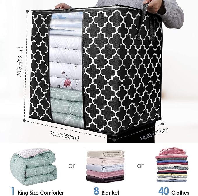 WISELIFE Storage Bags 2 Pack/100L Large Blanket Clothes Organization and Storage Containers for Comforters,Bedding, Foldable Organizer with Reinforced Handle, Clear Window, Sturdy Zippers,Black