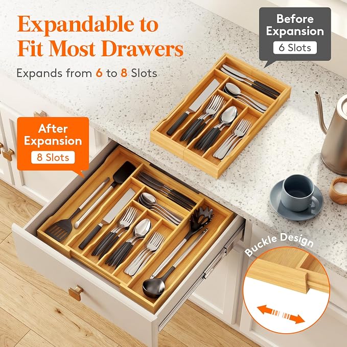 Lifewit Silverware Drawer Organizer, Expandable Utensil Tray for Kitchen, Flatware and Cutlery Holder, Wood Adjustable Storage for Spoons Forks Knives, 10.2-18.1 x 16.7, Natural