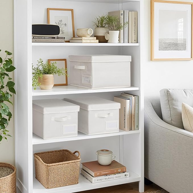 GRANNY SAYS Storage Baskets for Organizing, Linen Closet Shelf Organizers and Storage Containers with Label Holder, Large Storage Bins with Lids for Bedroom, Ivory, 3-Pack