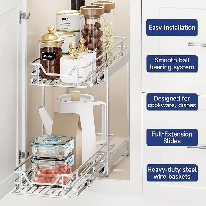 2-Tier Pull Out Cabinet Organizer, 7.5" W x 21.5" D, Heavy Duty Dual Slide Out Shelves for Narrow Base Cabinets, Chrome Wire Basket Drawer for Spices, Bottles & Snacks