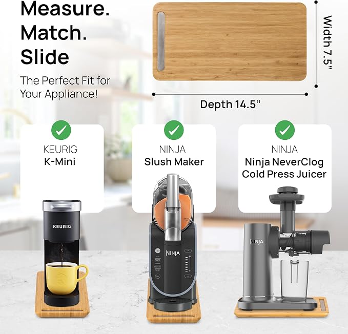 Ibyx Elegant Appliance Slider - Sliding Tray for Coffee Maker & Heavy Kitchen Appliances, Easy Slide, Made of Premium Bamboo, Space-Saving Kitchen Organizer, 40 lb Capacity, Natural - 7.5 x 14.5 Inch