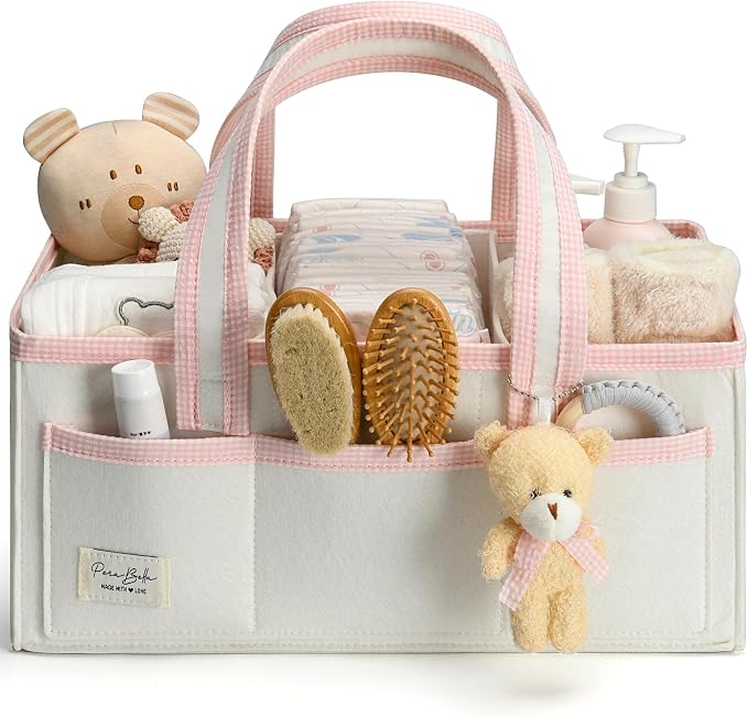 PeraBella Baby Diaper Caddy Organizer, XL Baby Basket Shower Gift Caddy, Portable Felt Changing Table Basket, Nursery Storage Bin, Newborn Boy and Girl Essentials for Registry, Car Diaper Organizer