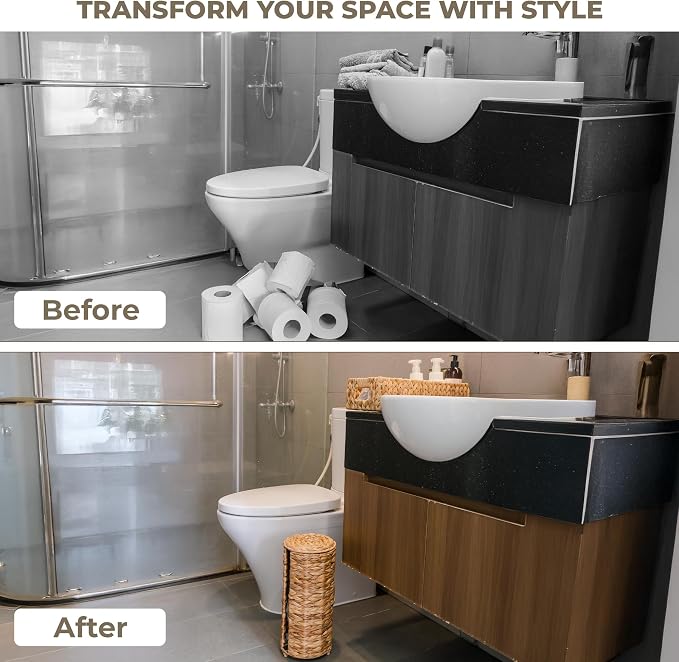 KOKODO Water Hyacinth Free Standing Toilet Paper Holder for Bathroom, Holds 3 Rolls of Toilet Tissue Storage with Removable Lid, Woven Wicker Toilet Roll Holder Stand with Easy Access Front Opening