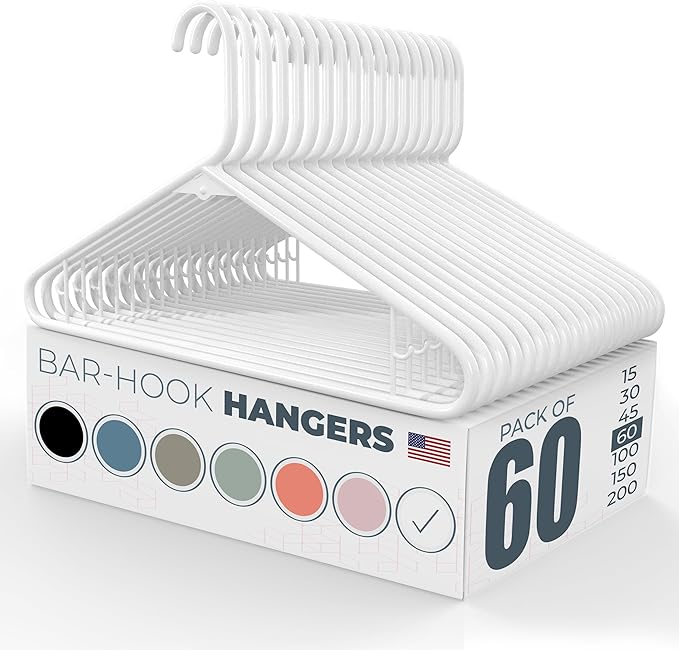 Plastic Hangers 50 Pack (60 Count) – Made in The USA – 6lb Capacity Standard Clothes Hangers with Strap Hooks for Dresses, Lingerie, Shirts, Pants, and Jackets – White