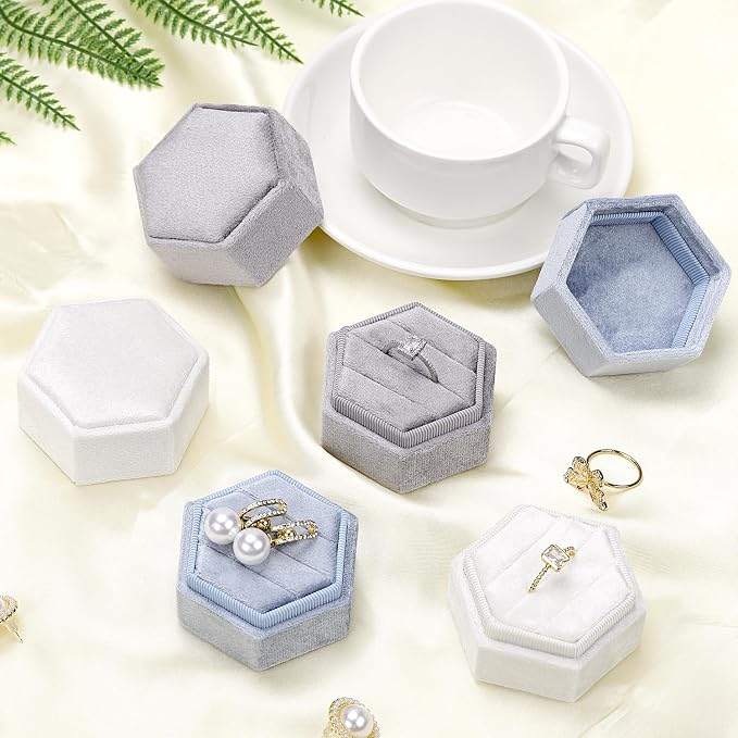 WantGor Velvet Jewelry Ring Box, 3 Slots Hexagon Ring Gift Box Ring Holder | Vintage Ring Display Case for Wedding Ceremony Proposal Engagement (White)