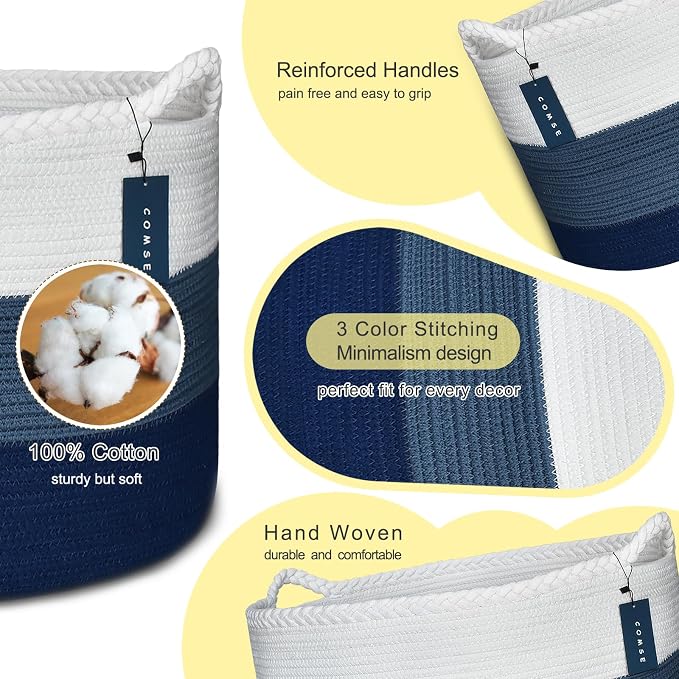 COMSE Extra Large Blanket Basket, Woven Laundry Basket, 21.7”x 13.8”, Nursery Hamper, Cotton Rope Laundry Hamper Living Room for Storage Toys Clothes Towels (White & Cadet Blue & Navy Blue)